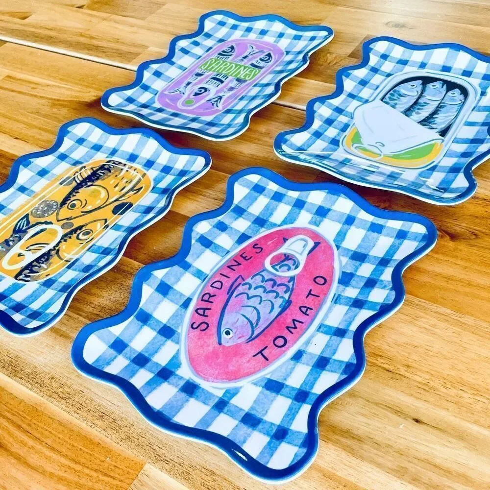 NWT C&C California Set of 4 Sardines Square Melamine Appetizer 9” plates Trays